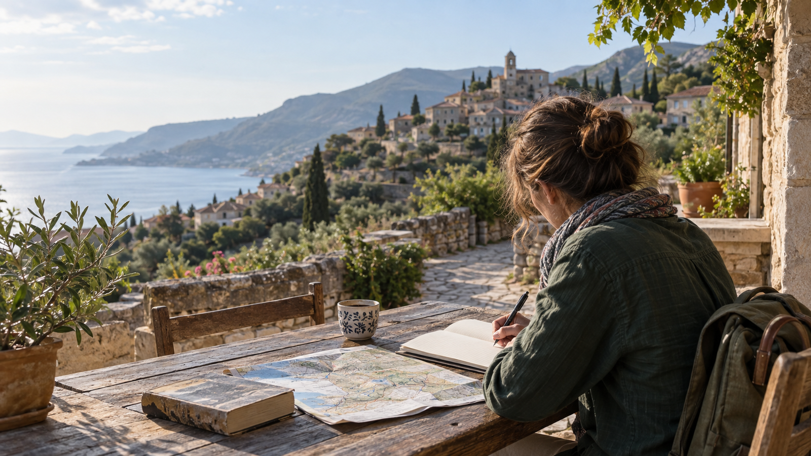 A traveler writing beside a map overlooking a coastal village